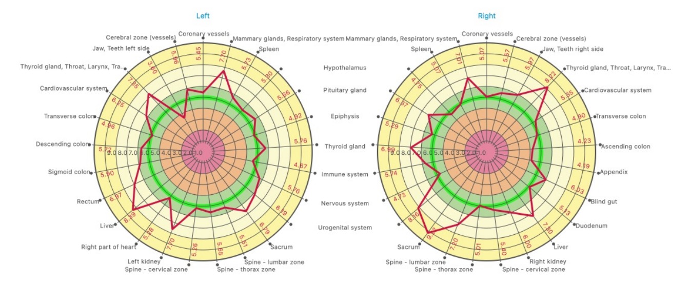 Two circular diagrams, left and right, with a red outline of the energy distribution over green and yellow rings