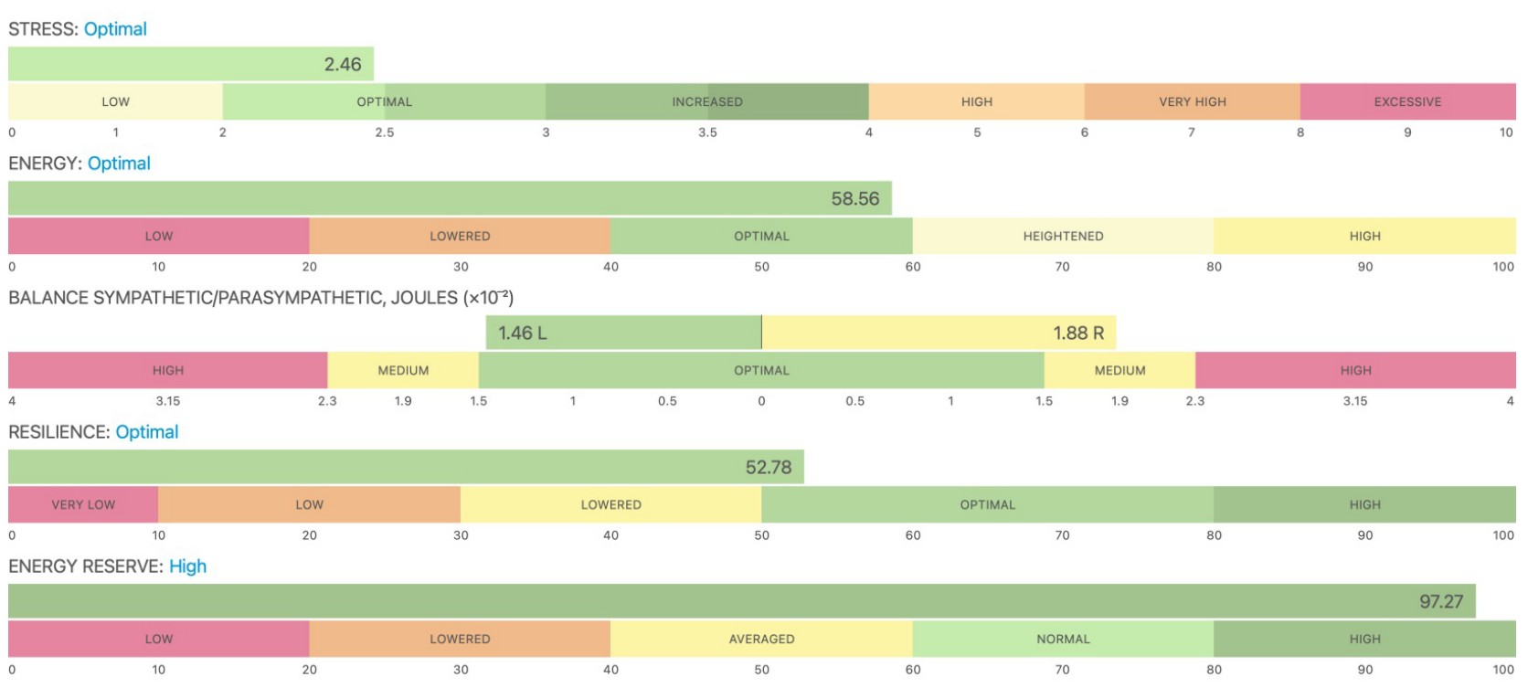 Five horizontal bars for stress, energy, balance, resilience and energy reserve, each with a green zone in the middle