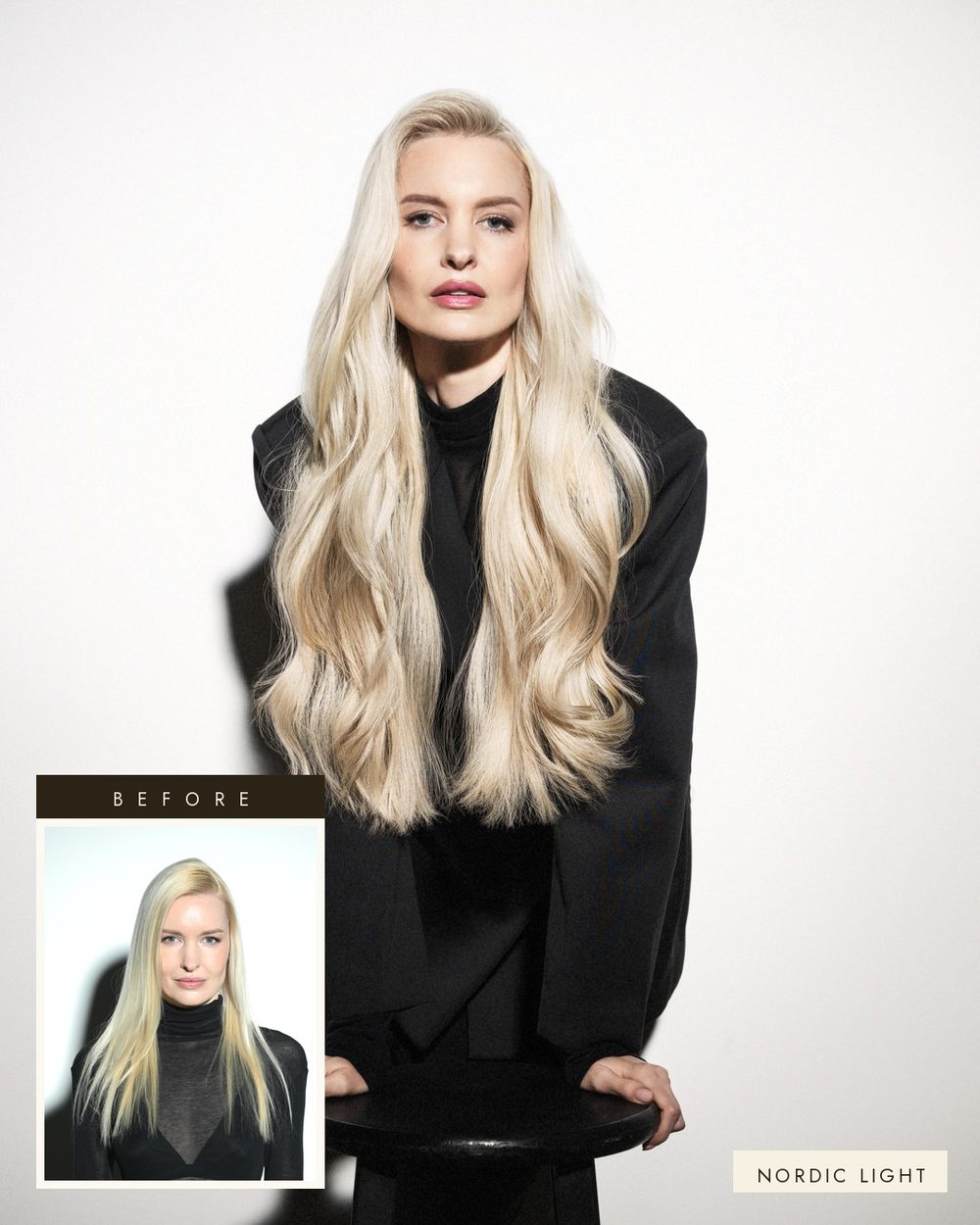 Hair extensions before and after in Marbella — Snow, a Great Lengths transformation presented by La Mue