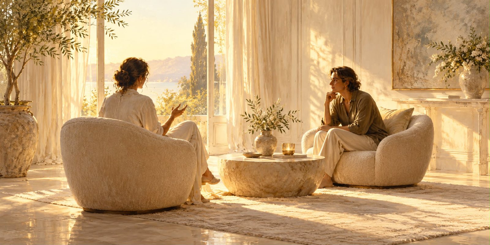Two women in conversation in a sunlit room — Identity Shift Mentoring at La Mue / μ